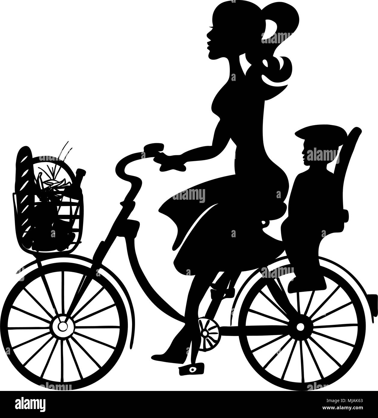 Madonna con Bambino bambino sulla bicicletta, abbozzato disegnati a mano oggetti grafici vettoriali Illustrazione Vettoriale
