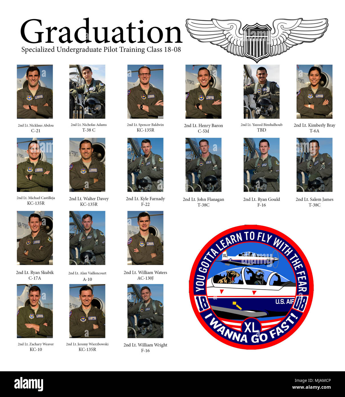 Corsi di Laurea Specialistica formazione pilota classe 18-08 laureati dopo 52 settimane di formazione, a Laughlin Air Force Base in Texas, 27 aprile 2018. Laughlin è la casa del XLVII la formazione di volo ala, un pilota di formazione di base che produce più di 300 aviatori militari annualmente. (U.S. Air Force per grafica/Airman 1. Classe Anne McCready) Foto Stock