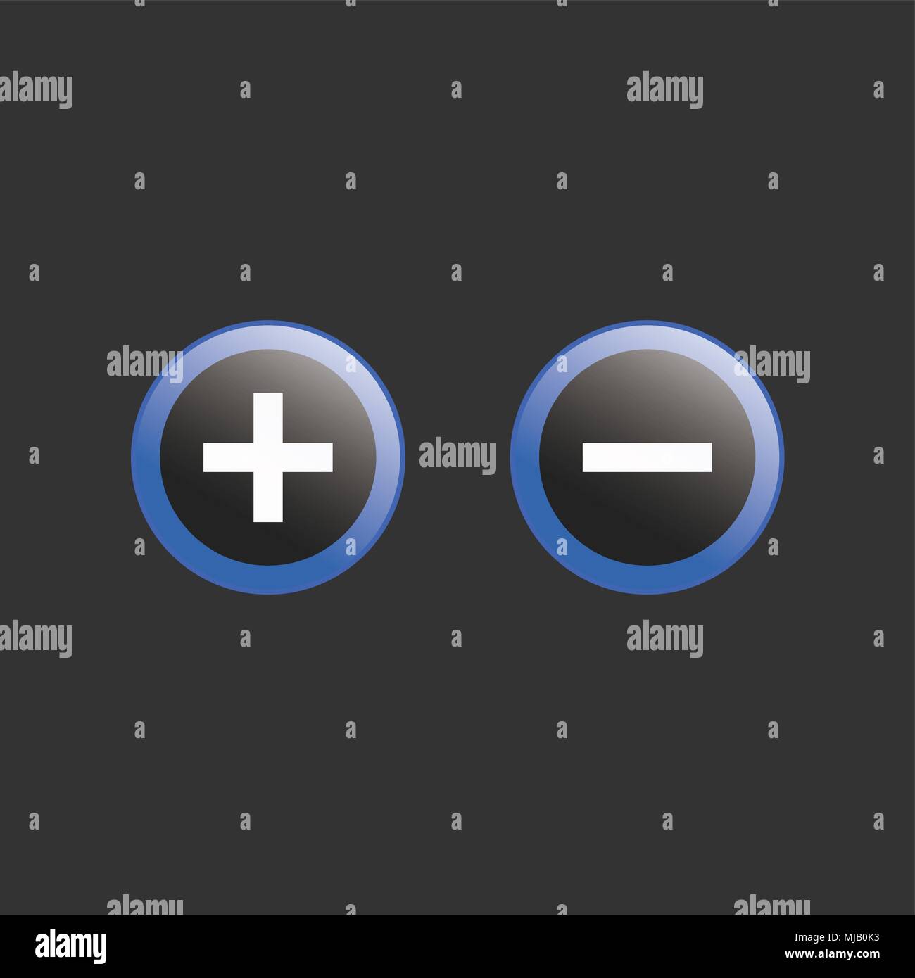 Minus Plus icone, cerchio blu isolato su sfondo nero. Illustrazione Vettoriale