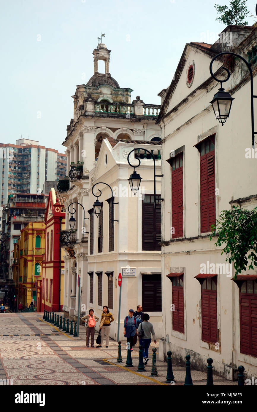 Portoghese architettura coloniale di San Lazzaro Chiesa di quartiere, Macao, Regione amministrativa speciale della Repubblica popolare cinese Foto Stock