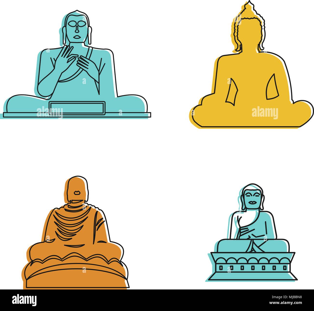 Statua del Buddha il set di icone di colore, stile contorno Illustrazione Vettoriale