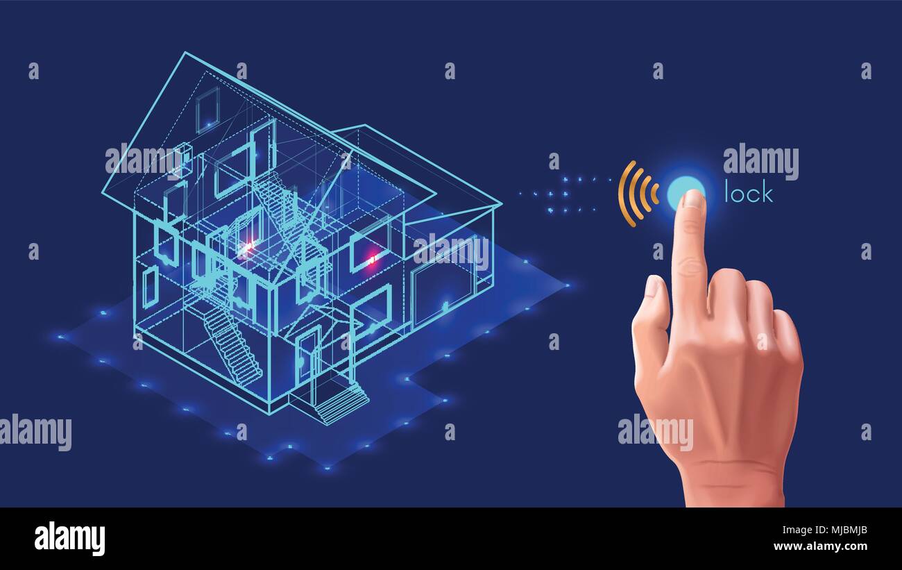 Sistema di sicurezza di casa intelligente. 3d casa piano x-ray. Controllare le serrature delle porte e finestre sopra il Internet con applicazione smartphone. Protezione Home Illustrazione Vettoriale