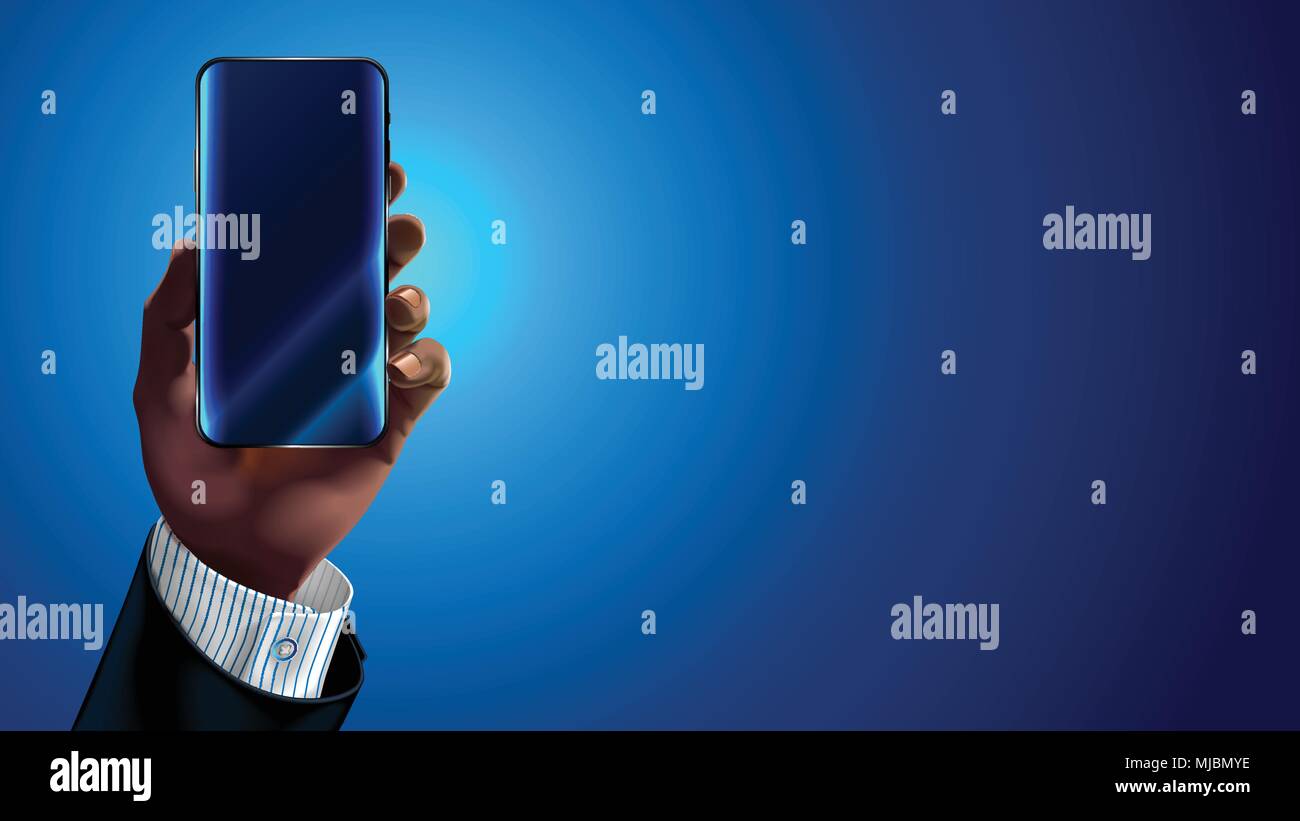 Americano africano o mano asiatica dell'imprenditore nel business suit tenendo un moderno smartphone. Mock up vuoto. Schermata vuota di applicazione mobile. Illustrazione Vettoriale
