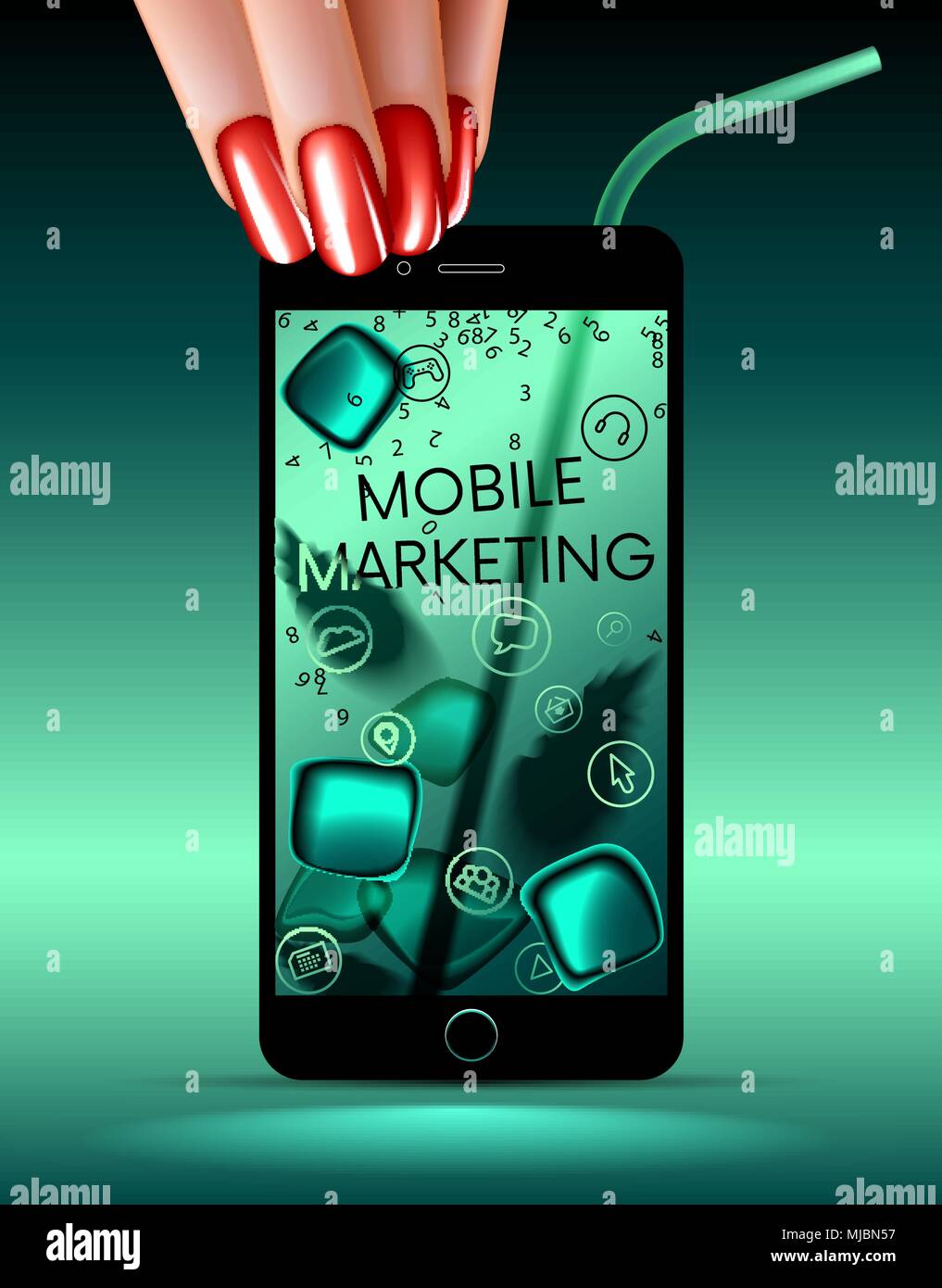 Mobile Marketing le icone sulla schermata Telefono intelligente. Mobile Marketing Parola. Le icone delle applicazioni. il telefono nella donna la mano. Il contenuto digitale. La metafora del concetto. Illustrazione Vettoriale