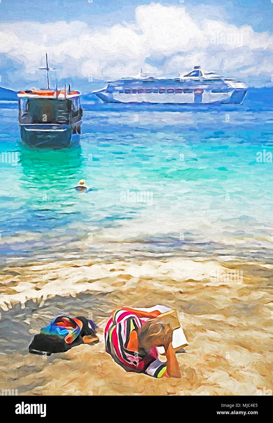 La nave di crociera passeggero libro di lettura sulla spiaggia di Isola Doini Foto Stock