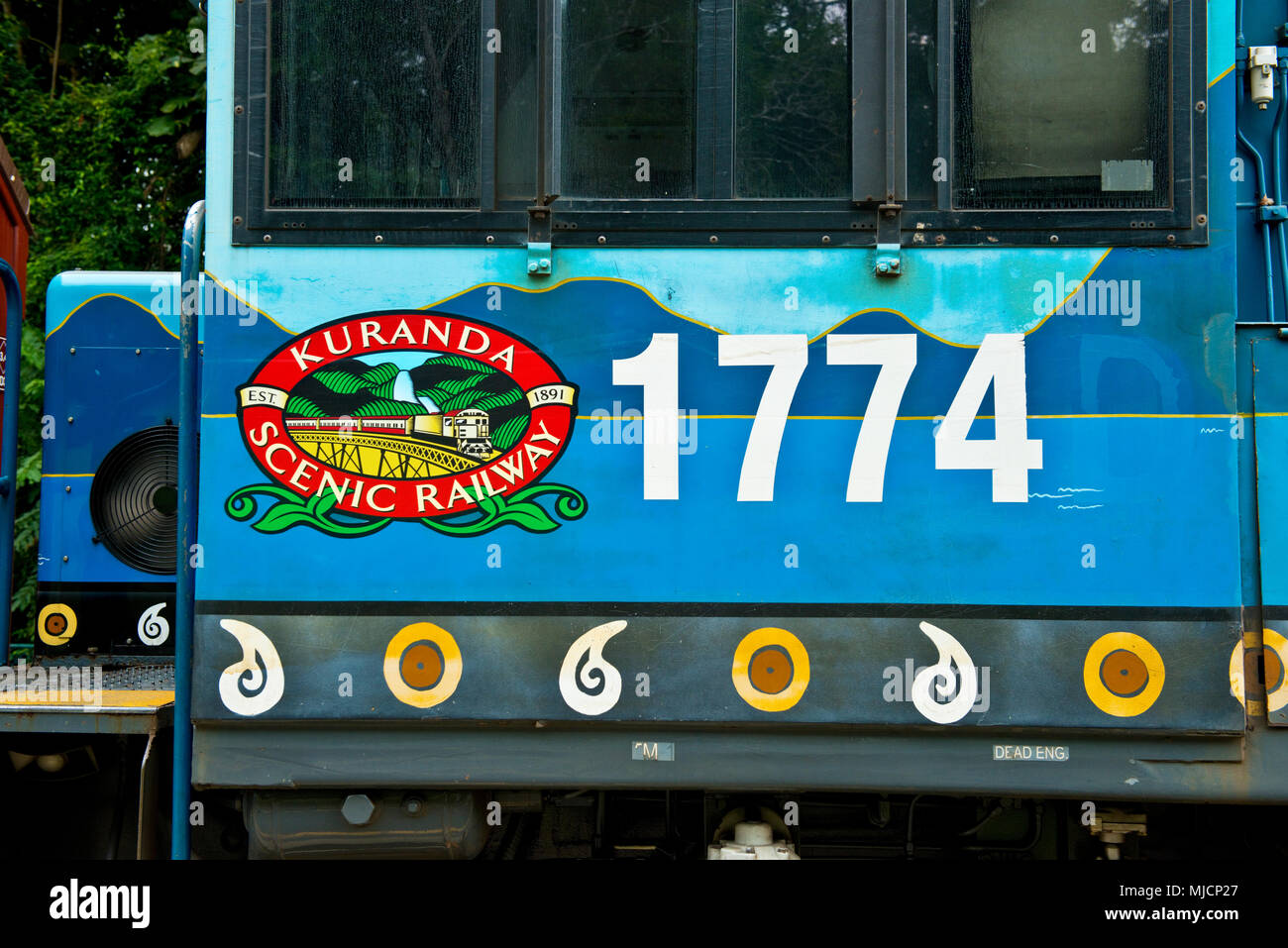 Kuranda treno diesel motore cabina con numero 1774. Stazione di Kuranda, Queensland. Foto Stock