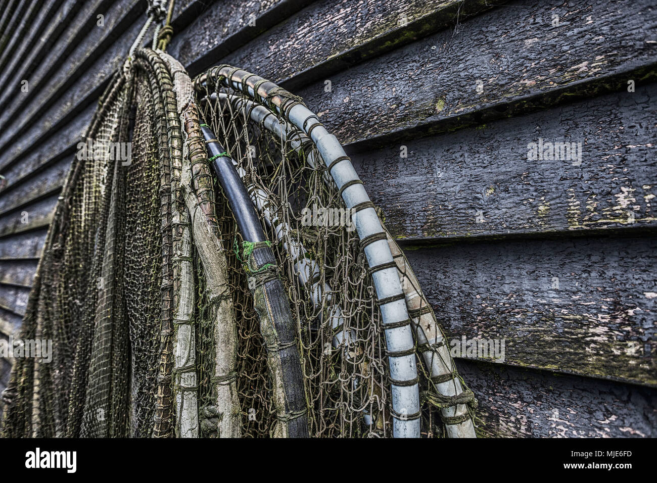 Le reti da pesca appesa sulla parete di legno per l'asciugatura Foto Stock