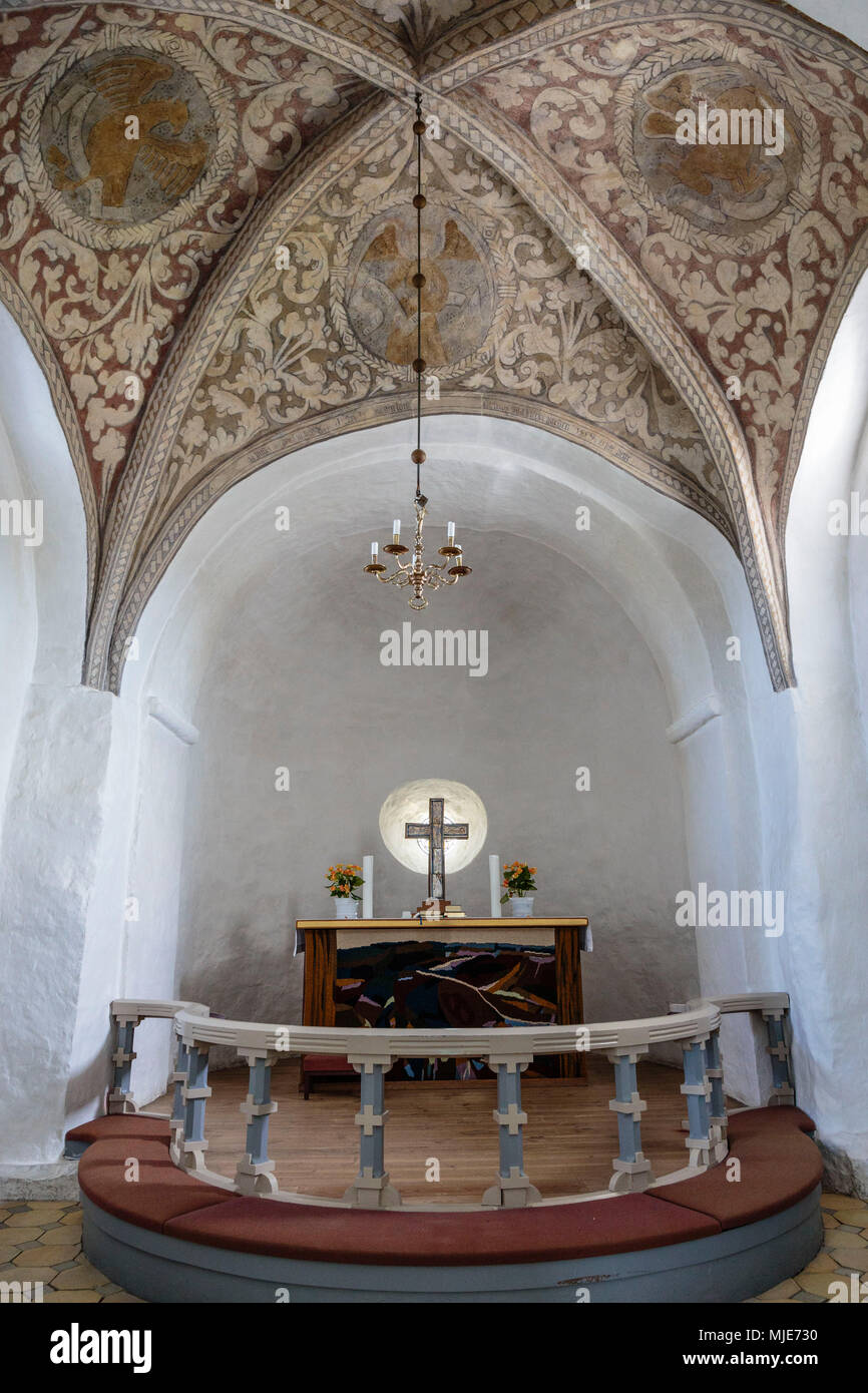 Il coro dei solchi Kirke (XIII secolo), affreschi sul soffitto realizzato nel 1559, in Europa, Danimarca, Bornholm Rutsker, Foto Stock