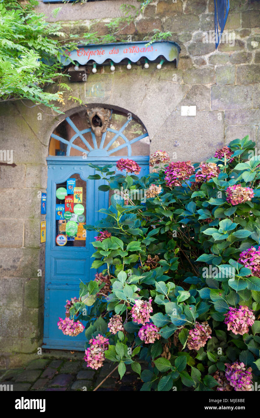Dinan, ortensie nella parte anteriore della porta di ingresso in Rue de Petit Fort Foto Stock