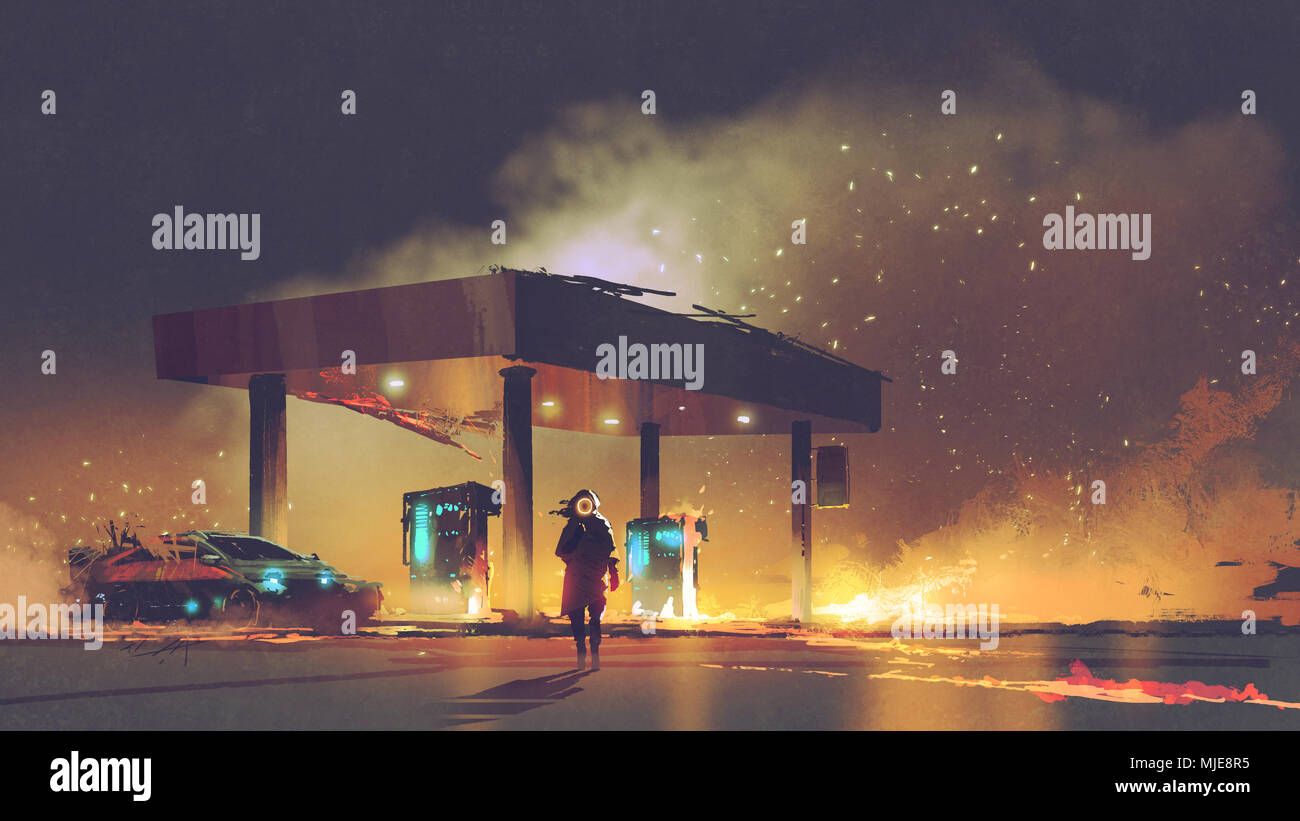La scena di uomo bruciare il gas station di notte, arte digitale stile, illustrazione pittura Foto Stock