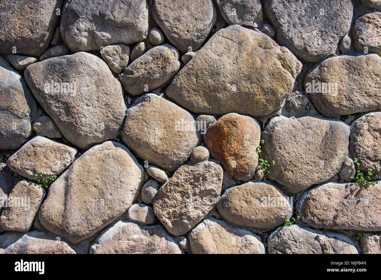 Texture di impilati vecchio muro di pietra hanno erba lungo la roccia. Foto Stock