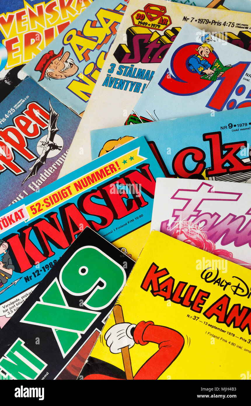 Stoccolma, Svezia - 21 agosto 2016: Collage svedese di libri di fumetti dagli anni settanta e ottanta, compresi Archie, Asa Nisse, Batman, il Fantasma, 91 Kar Foto Stock