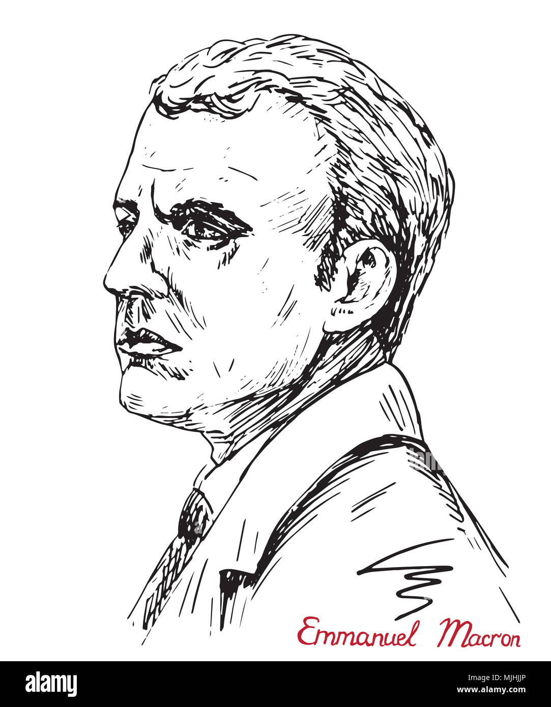 Emmanuel Jean-Michel Frédéric Macron faccia il profilo politico francese che serve come presidente della Francia ed ex officio Co-Principe di Andorra, disegnata a mano Foto Stock