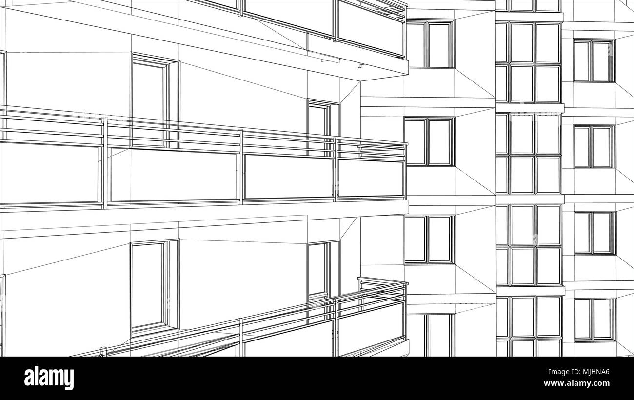 Il grattacielo urbanistico. Abstract 3D render di filo di costruzione della struttura del telaio. La costruzione di un vettore idea grafica per la progettazione del modello.Edificio moderno.Vista città ingrandirle, ampio angolo. Illustrazione Vettoriale