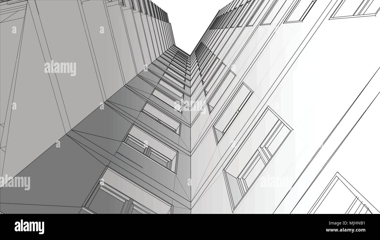 Il grattacielo urbanistico. Abstract 3D render di filo di costruzione della struttura del telaio. La costruzione di un vettore idea grafica per la progettazione del modello.Edificio moderno.Vista città ingrandirle, ampio angolo. Illustrazione Vettoriale