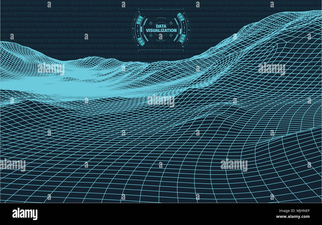 Per la visualizzazione di dati sullo sfondo . Design futuristico hud elemento . Codice binario , codifica e concetto di programmazione . Ampio angolo di paesaggio wireframe . Illustrazione Vettoriale