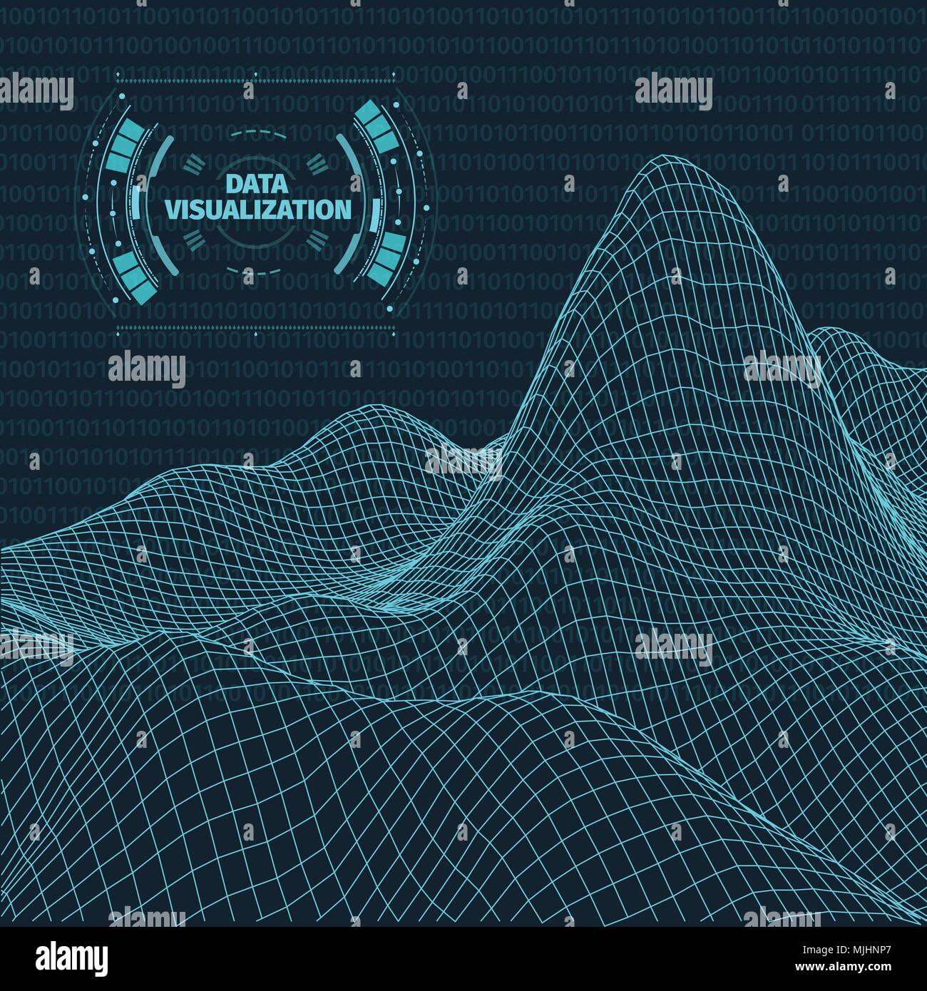 Per la visualizzazione di dati sullo sfondo . Design futuristico hud elemento . Codice binario , codifica e concetto di programmazione . Ampio angolo di paesaggio wireframe . Illustrazione Vettoriale