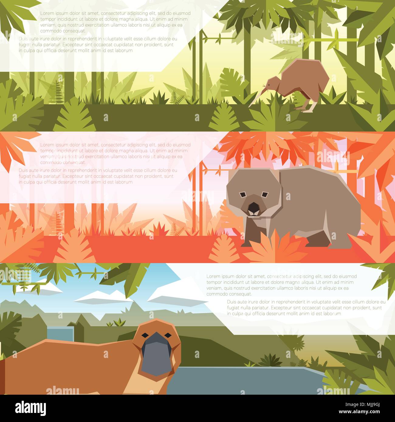 Set di banner piatta con animali australiani Illustrazione Vettoriale