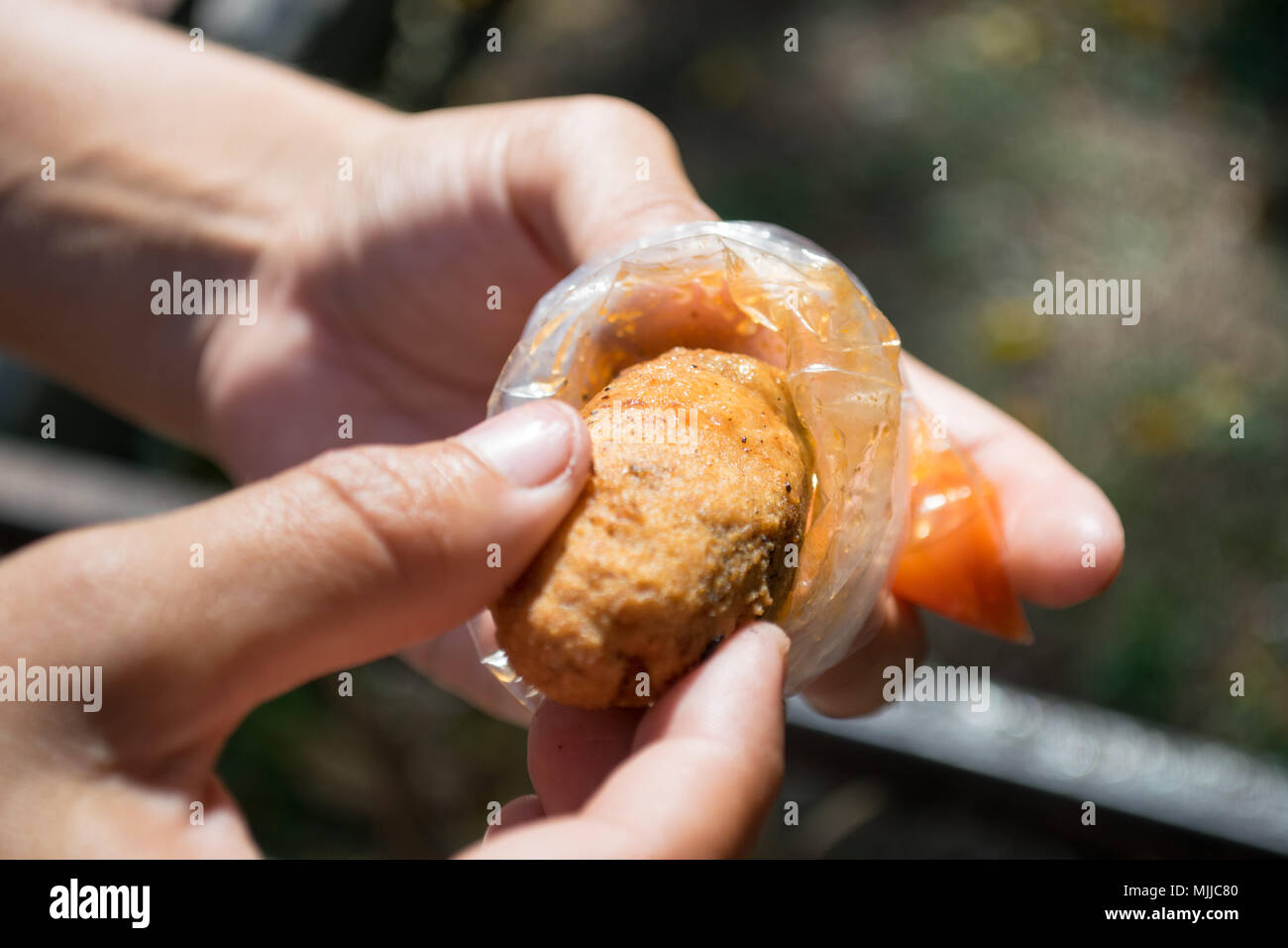 Polcanes, messicana tipica Yucatecan cibo fatto impasto fritto farcito con fagioli Foto Stock