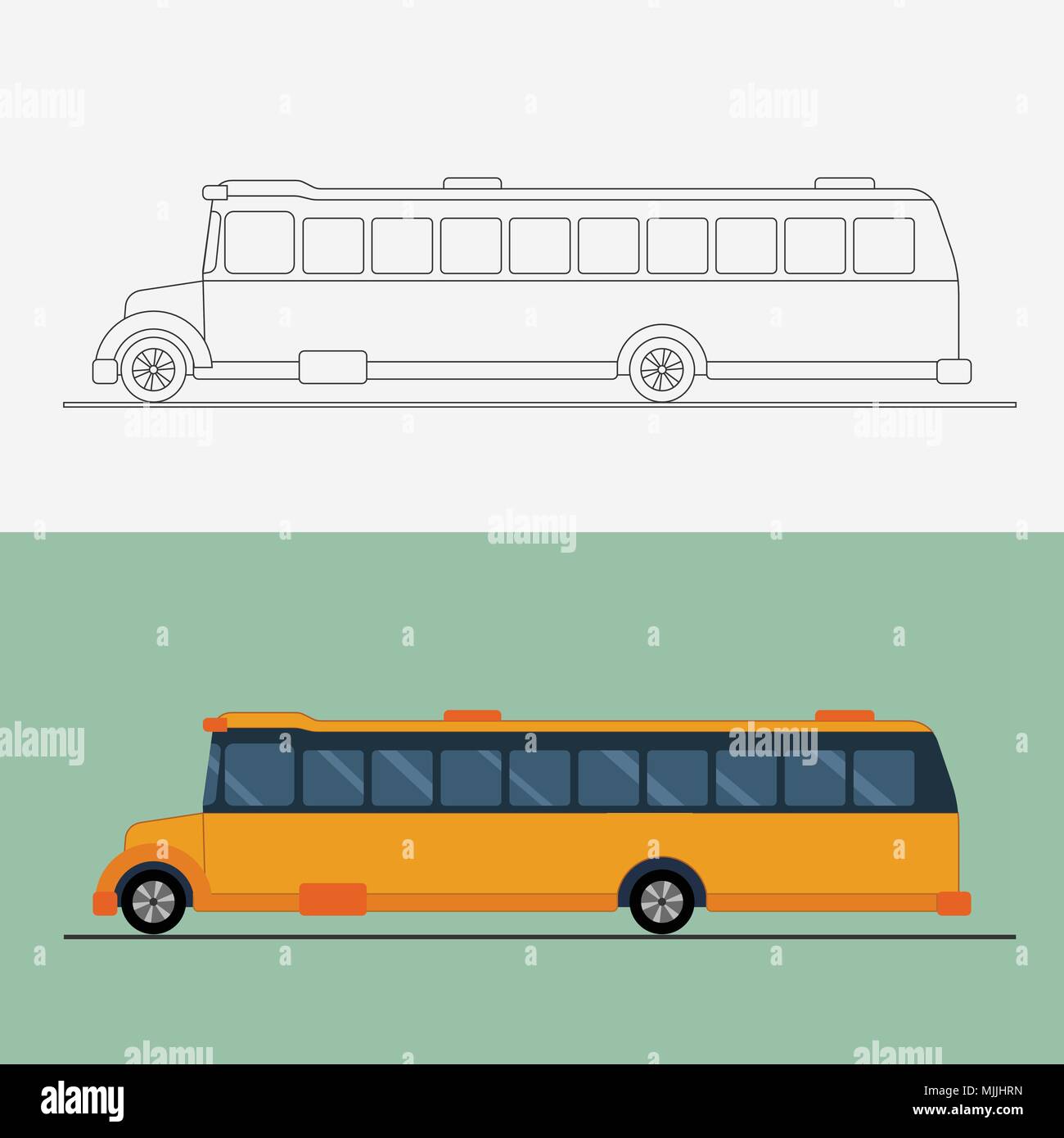 Appartamento Giallo scuola bus . Bus illustrazione vettoriale. Linea di trasporto pubblico il concetto d'arte. Illustrazione Vettoriale
