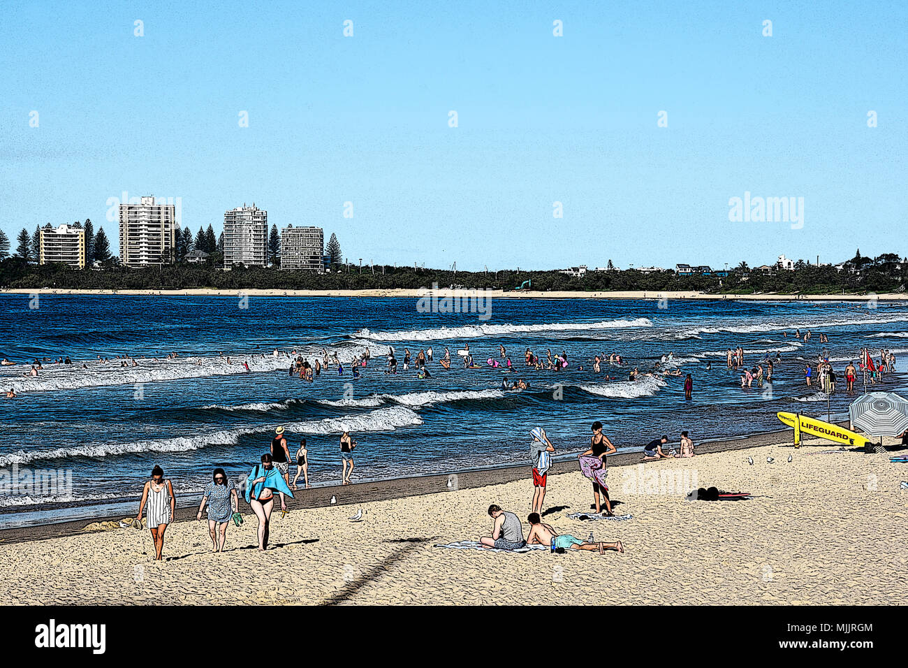 Una folla di gente che gode di splendida MOOLOOLABA BEACH nel Queensland AUSTRALIA Foto Stock