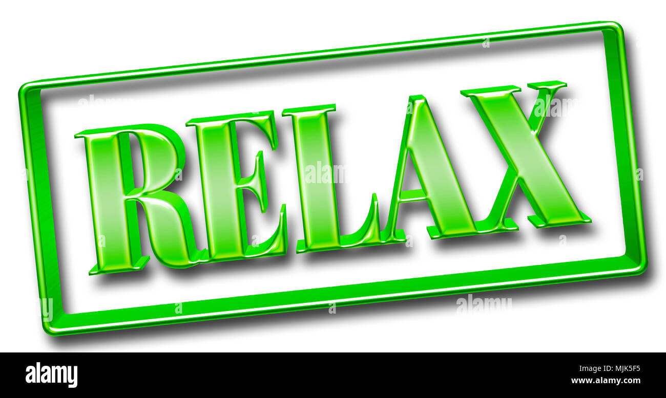 Illustrazione di stock - metallico di grandi dimensioni Testo verde: Relax, incorniciato in un lucido telaio metallico, 3D'illustrazione, isolata contro uno sfondo bianco. Foto Stock