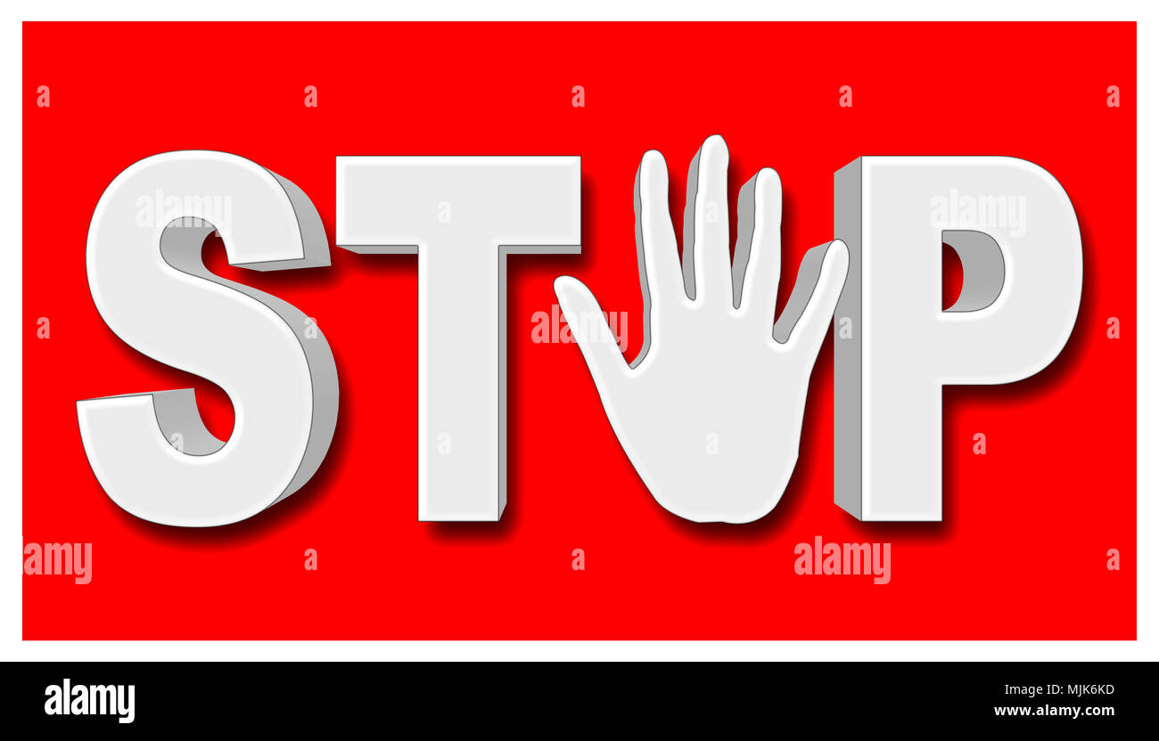 Illustrazione di stock - Bianco STOP, 3D'illustrazione, isolata contro lo sfondo rosso. Foto Stock