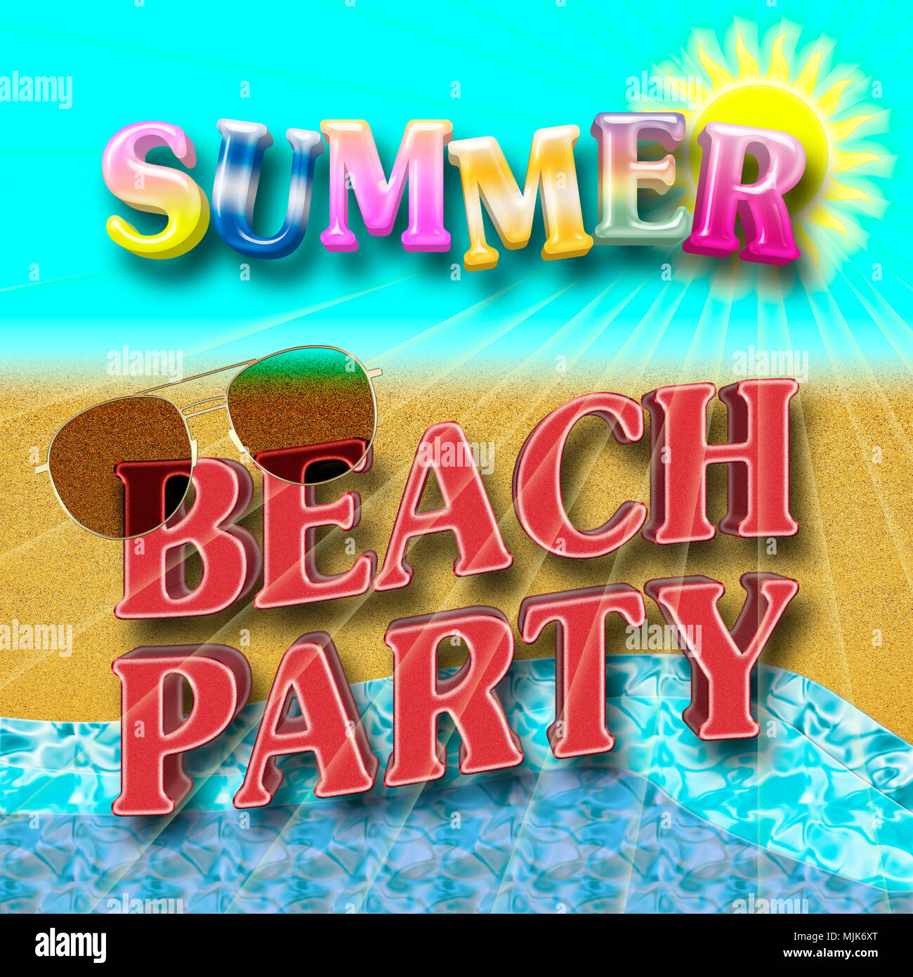 Illustrazione di stock - Testo: Summer Beach Party, rosso brillante Testo: beach party, sole, occhiali da sole, spiaggia e mare, 3D'illustrazione. Foto Stock