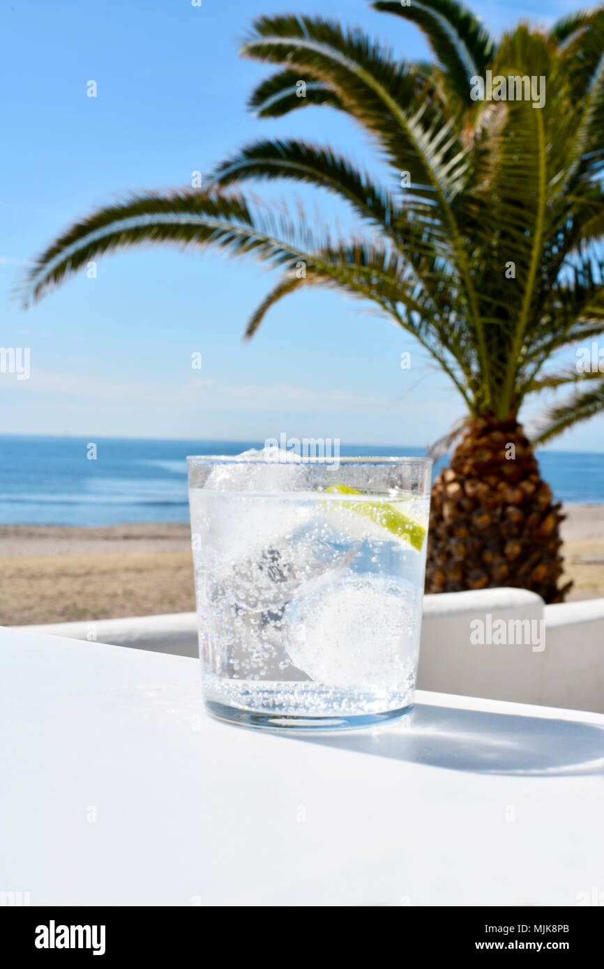 Ice drink fresco su una spiaggia con il mare e la sabbia in background anche una grande palm, il fuoco selettivo su un primo piano bianco, shot per spazio di copia Foto Stock