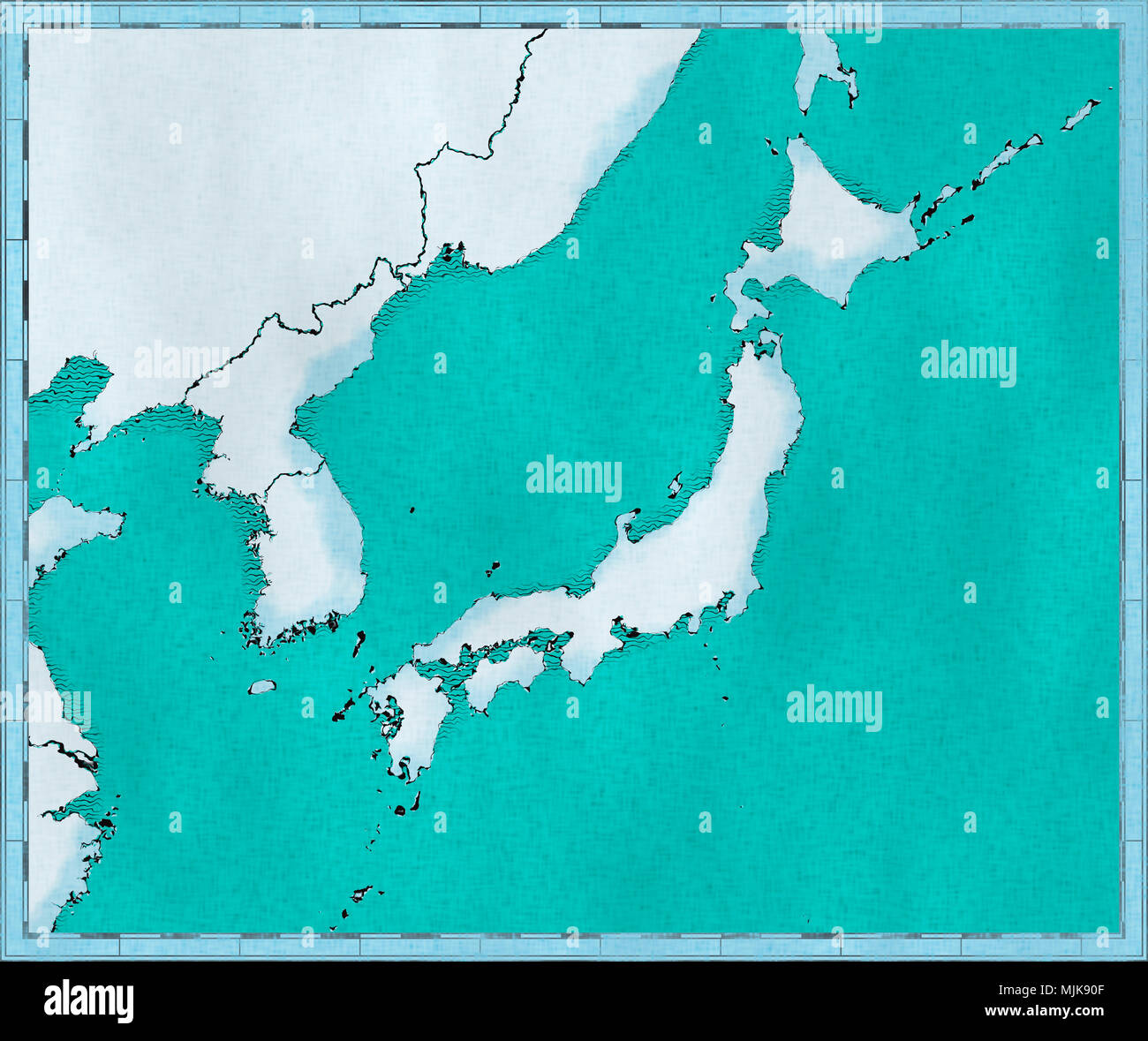 Mappa di Giappone, Corea del Nord e Corea del Sud, cartina fisica Asia, Asia orientale, mappa con rilievi e montagne e oceano pacifico, Atlas, cartografia Foto Stock