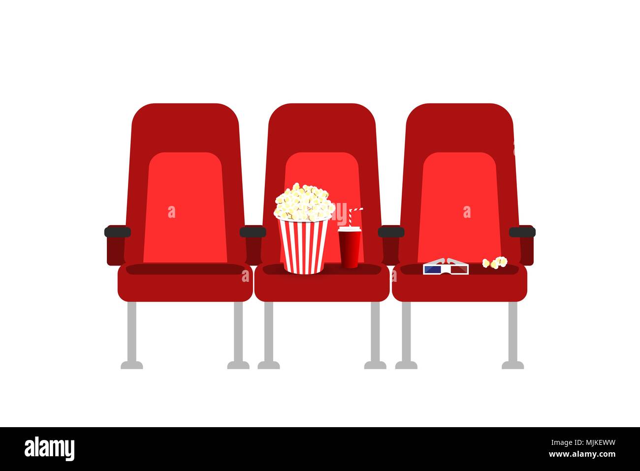 Sedi di Cinema in un filmato con popcorn e delle bevande e bicchieri. Vettore di piana cartoon Cinema illustrazione dei sedili. Cinema premiere poster concept design. Mostra il tempo. Illustrazione Vettoriale