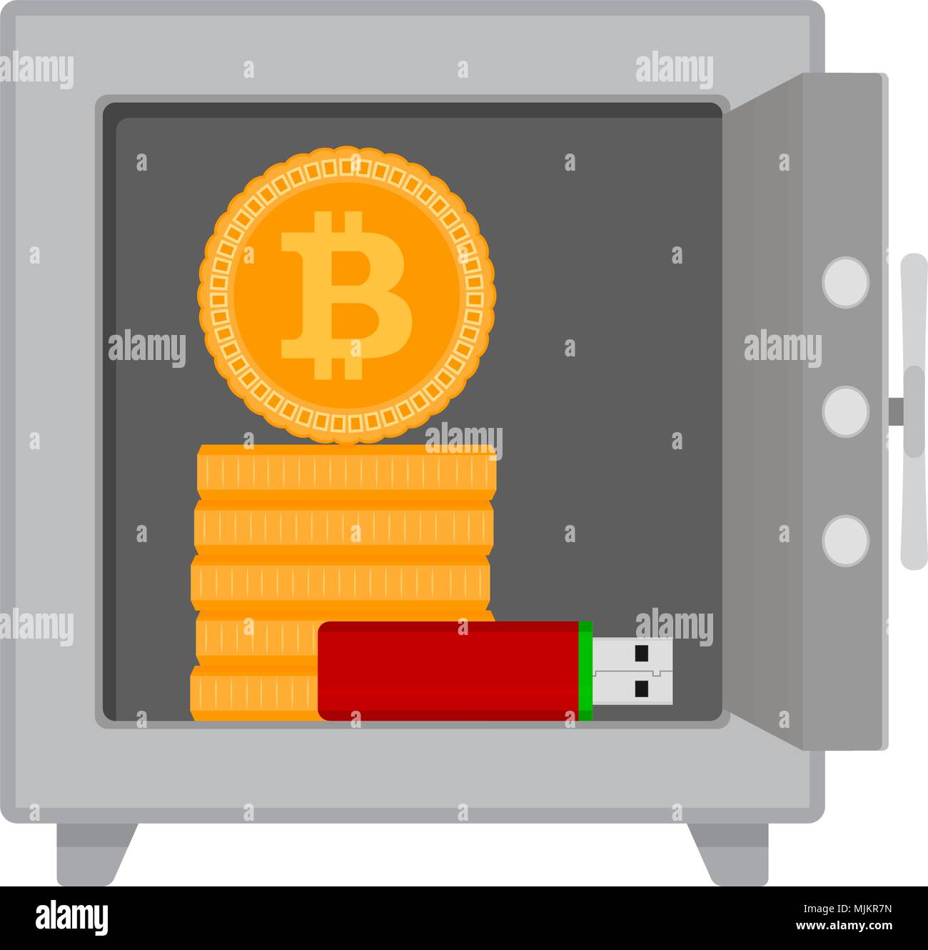 Di sicuro con bitcoin monete e unità di memoria flash. Bitcoin denaro in attività sicura, coin virtual finanza, illustrazione vettoriale Illustrazione Vettoriale