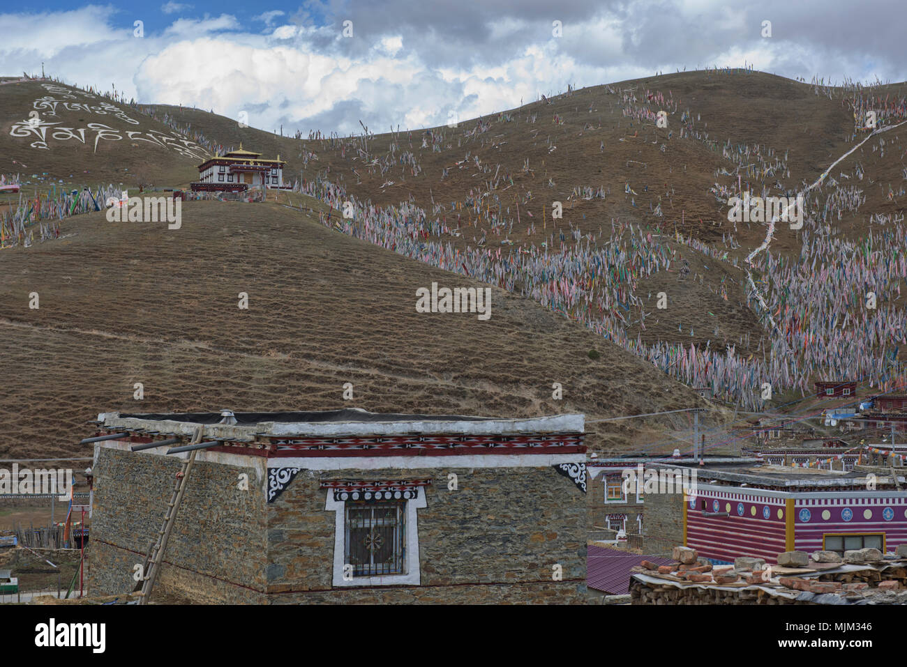 Centinaia di bandiere di preghiera al di sopra del Ser Gergyo (Ani Gompa) convento, Tagong praterie, Sichuan, in Cina Foto Stock