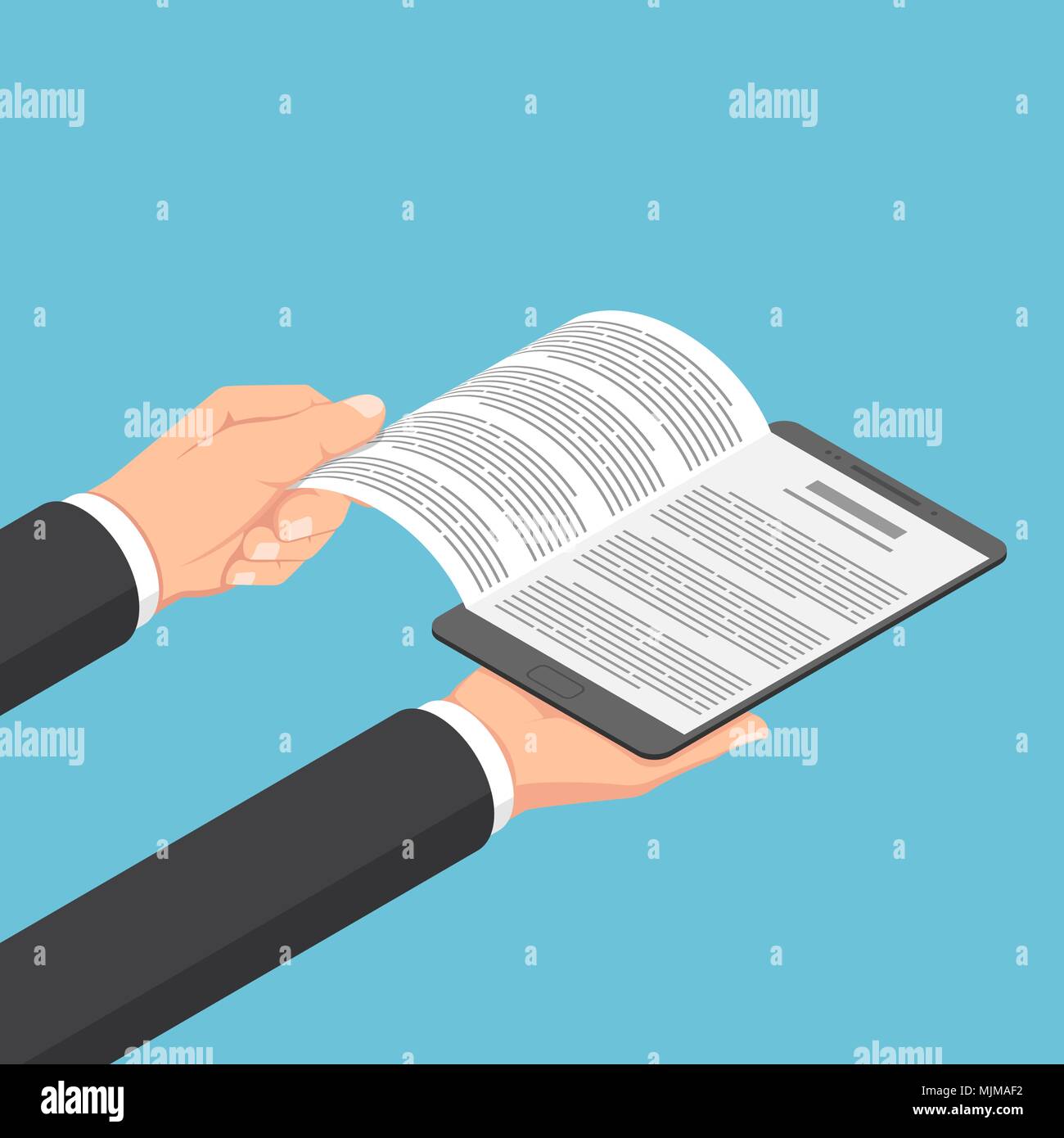 Appartamento 3D isometrica imprenditore le mani aperte ebook su tavoletta digitale. E-book e l'e-learning concetto. Illustrazione Vettoriale