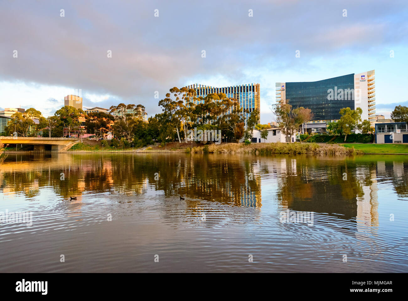 Adelaide, Australia - 27 agosto 2017: Università di Adelaide e UniSA edifici vista lungo fiume Torrens al tramonto Foto Stock