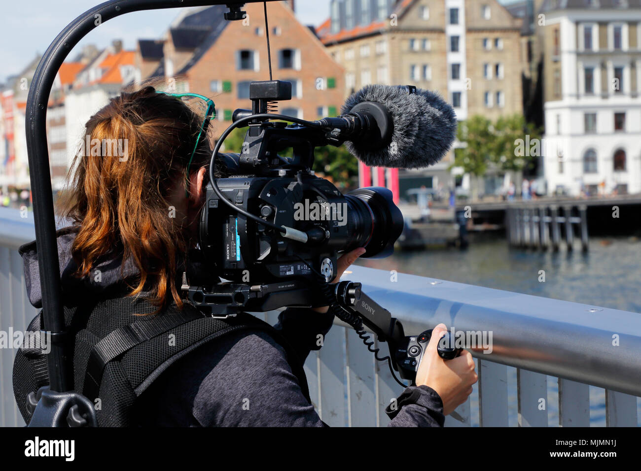 Copenhagen, Danimarca - 24 agosto 2017: un cameraman femmina utilizza stabilizzata una videocamera professionale di Nyhavn. Foto Stock