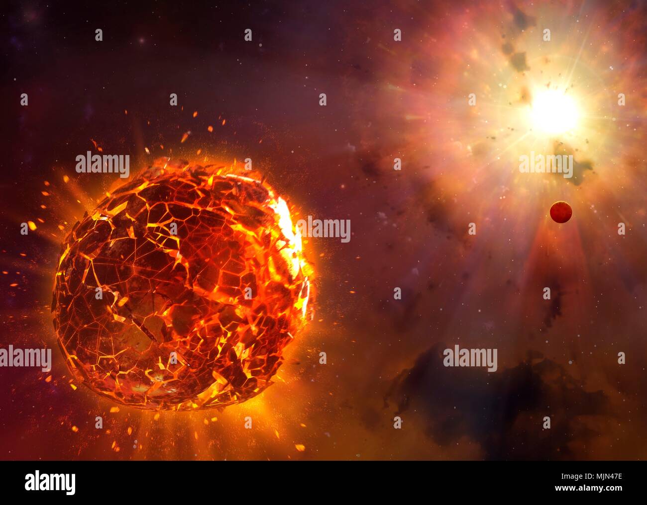 Supernova distruggendo il pianeta, illustrazione. Un pianeta roccioso risiede nella scia della sua stella, che è appena andato supernova. L'esplosione frantuma il pianeta. Foto Stock