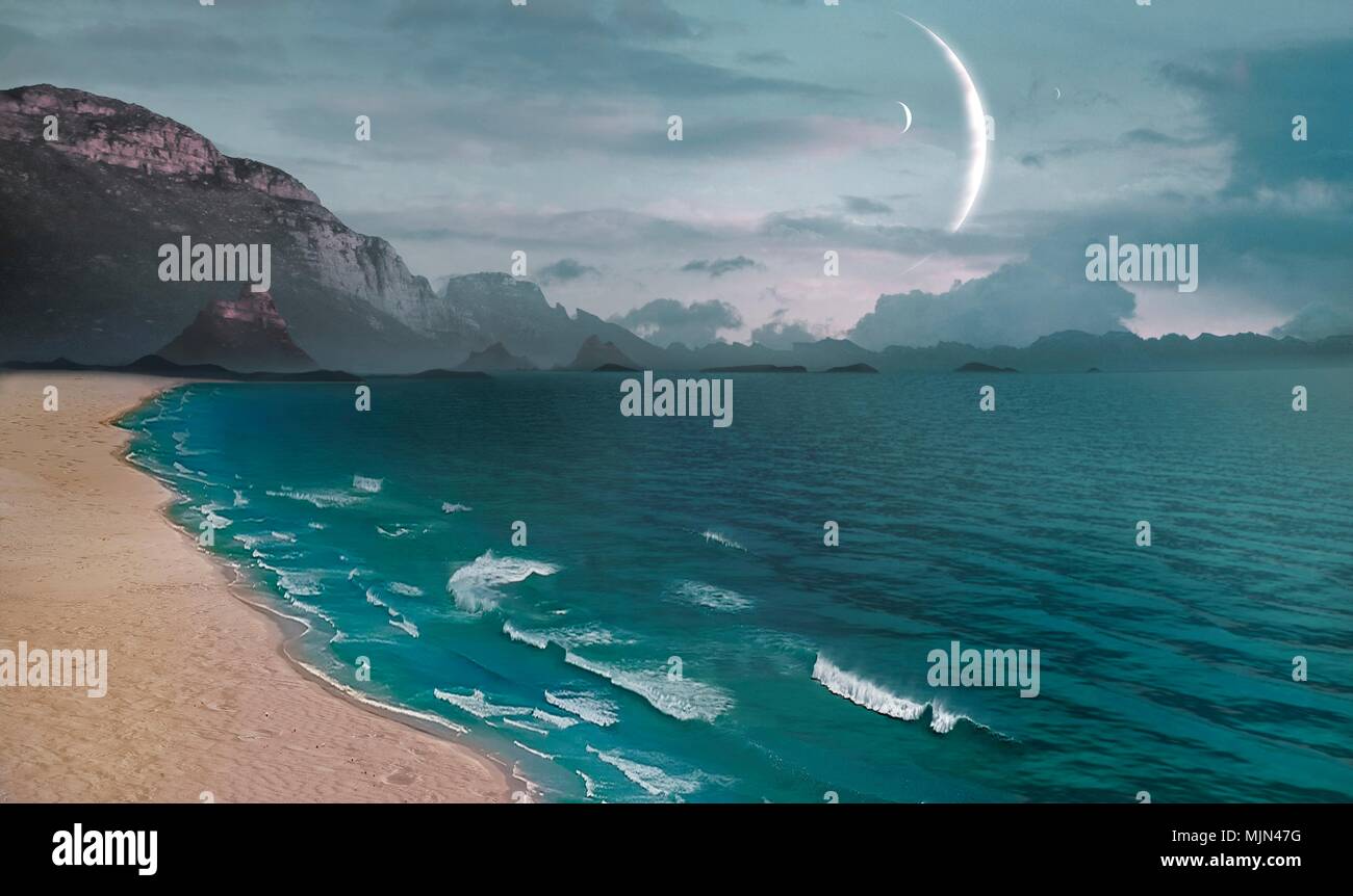 Illustrazione di un ipotetico luna, coperte in acqua, in orbita un esopianeta gigante. Il exoplanet è all'interno della stella zona abitabile, che permette la presenza di acqua liquida sulla sua lune. Foto Stock