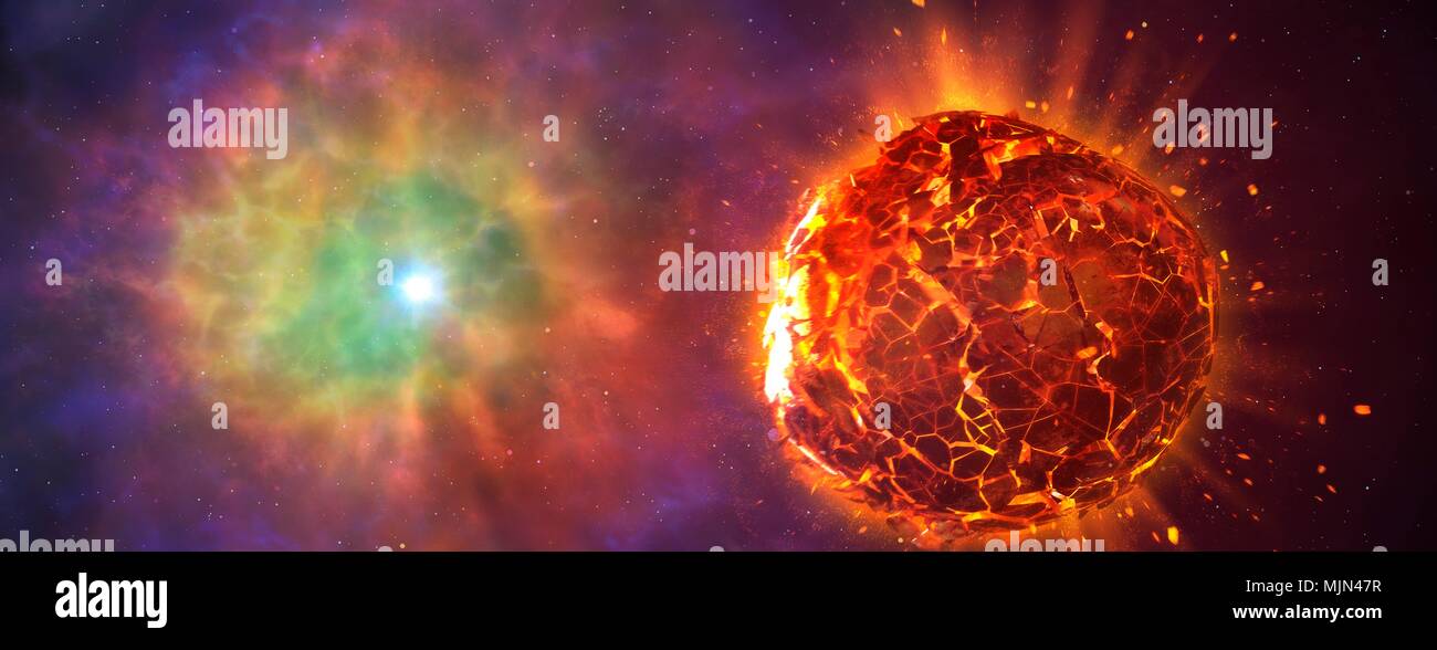 Supernova distruggendo il pianeta, illustrazione. Un pianeta roccioso risiede nella scia della sua stella, che è appena andato supernova. L'esplosione frantuma il pianeta. Foto Stock