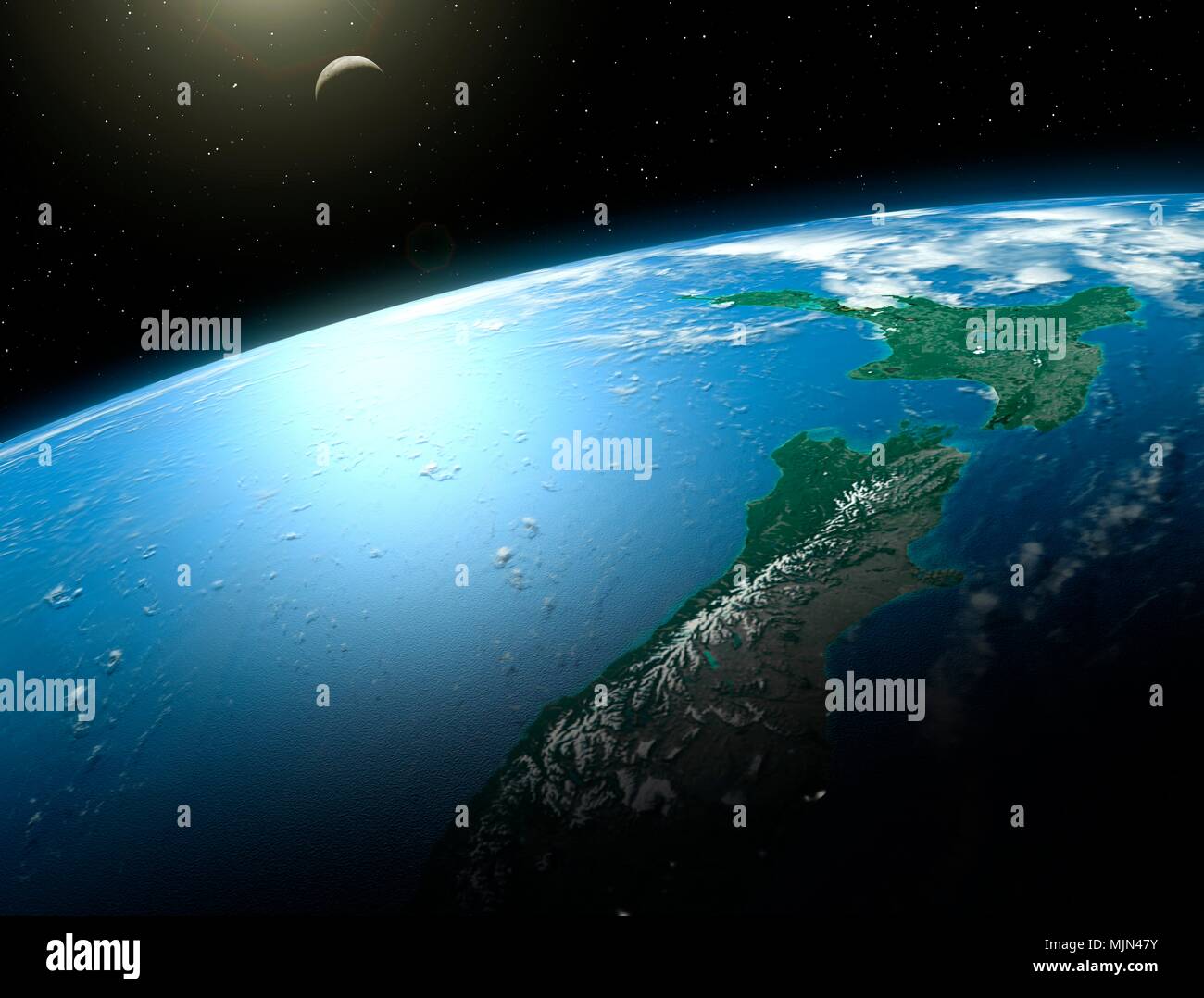Illustrazione della Terra dallo spazio. Questa è una vista centrata sulla Nuova Zelanda. La luna è anche visibile. Foto Stock