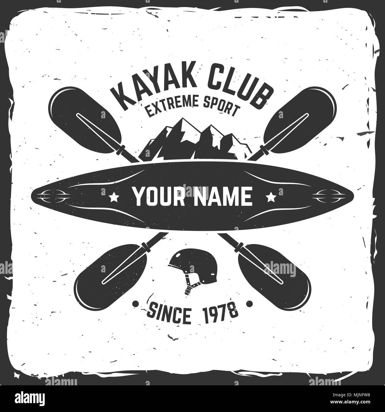 Kayak Club. Illustrazione Vettoriale. Concetto di t-shirt, stampare il timbro o il raccordo a t. Vintage design tipografia con la montagna, casco e barca silhouette. Extreme Illustrazione Vettoriale