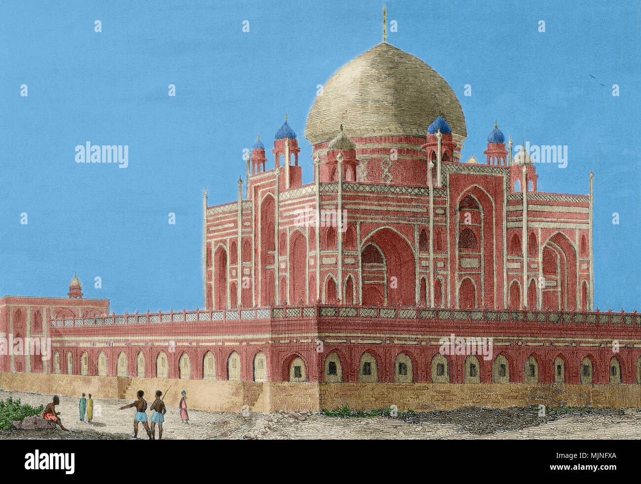 Imperatore Mughal Humayun (Kabul, 1508-Delhi, 1556). Secondo l'imperatore dell'Impero Mughal. Egli ha governato in Afghanistan, Pakistan e territori dell'India del Nord dal 1530 al 1540. Tomba di Humayun a Delhi, India. Esso è stato commissionato dalla sua prima moglie e chief consorte, Imperatrice Bega iniziata (Haji iniziata) nel 1569-1570 e progettato dall'architetto persiano Mirak Mirza Ghiyas. Incisione di Lemaitre ha dopo Kinnewel. Dal Panorama Universal-India, 1845. Colorazione successiva. Foto Stock