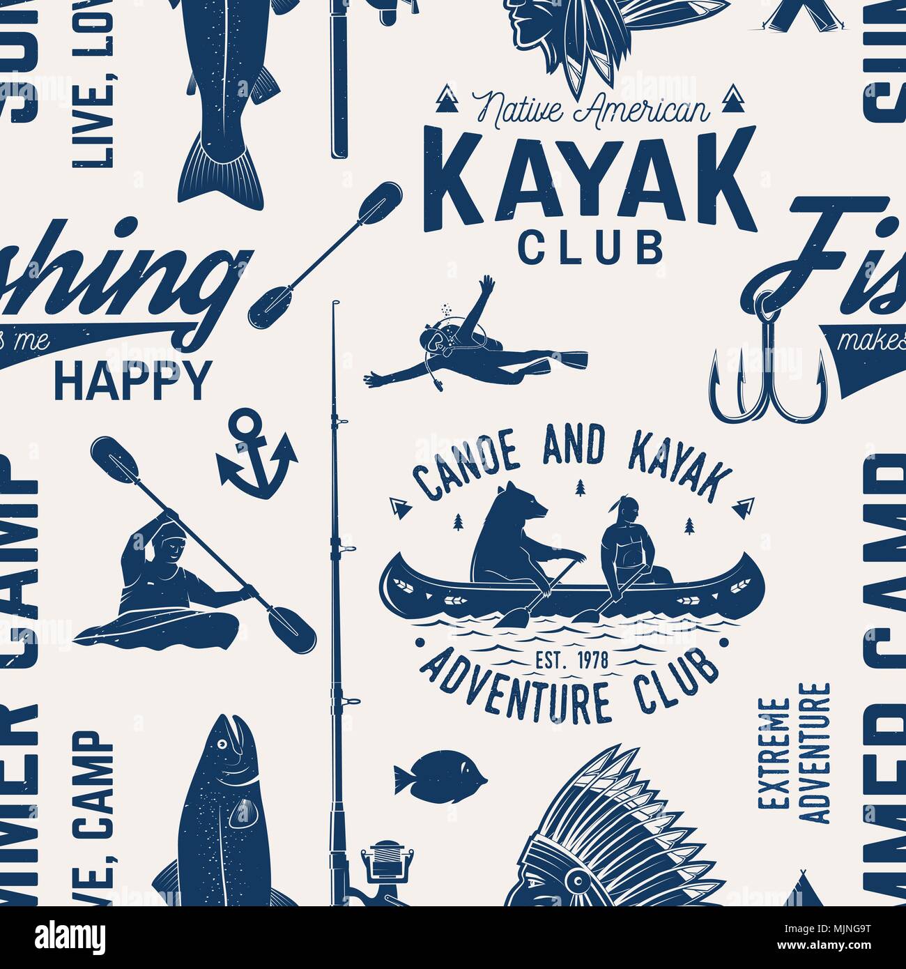 Canoa e Kayak fishing club seamless pattern. Illustrazione Vettoriale. Concetto di camicia, Stampa, Timbro, badge o il raccordo a t. Vintage design tipografia con kay Illustrazione Vettoriale
