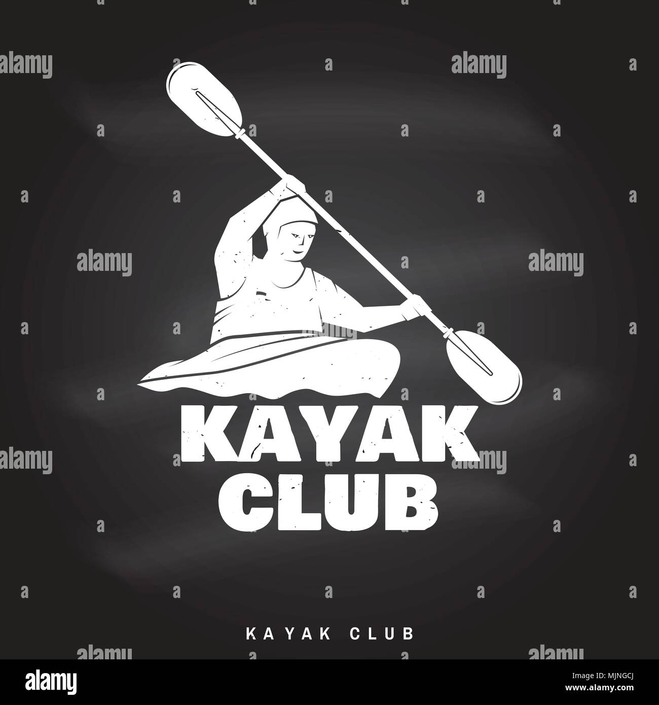 Kayak club. Illustrazione Vettoriale sulla lavagna. Concetto di t-shirt, stampare il timbro o il raccordo a t. Vintage design tipografia con silhouette di kayaker. Extreme Illustrazione Vettoriale