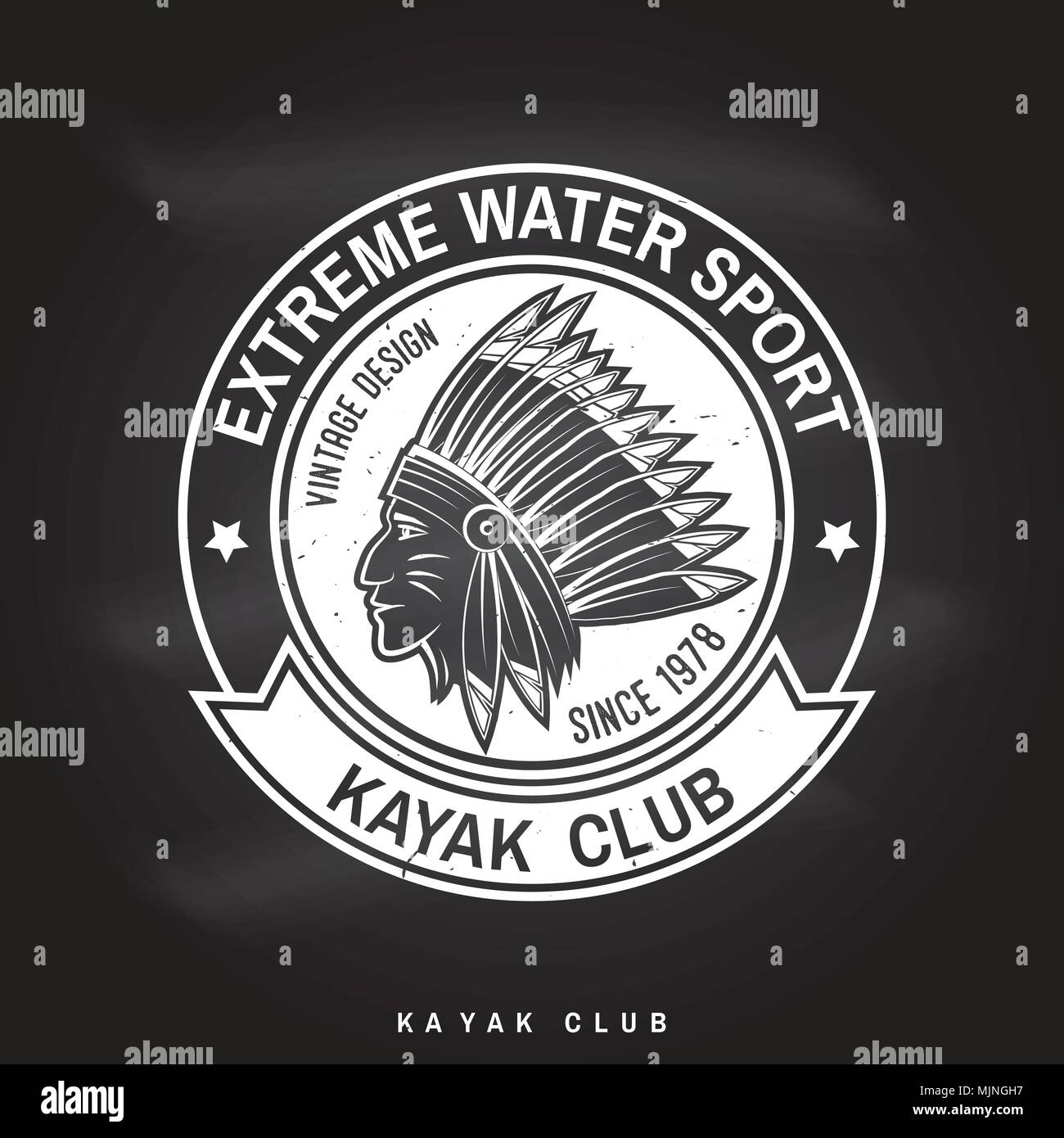 Kayak club badge sulla lavagna. Illustrazione Vettoriale. Concetto di t-shirt, stampare il timbro o il raccordo a t. Vintage design tipografia con american indian silhou Illustrazione Vettoriale