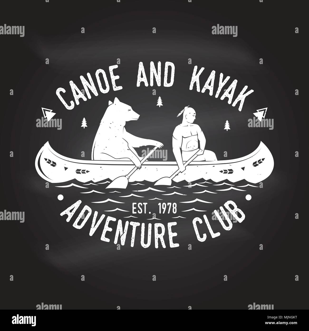 Canoa e Kayak club sulla lavagna. Illustrazione Vettoriale. Concetto di t-shirt, stampare il timbro o il raccordo a t. Vintage design tipografia con kayaker e recare s Illustrazione Vettoriale