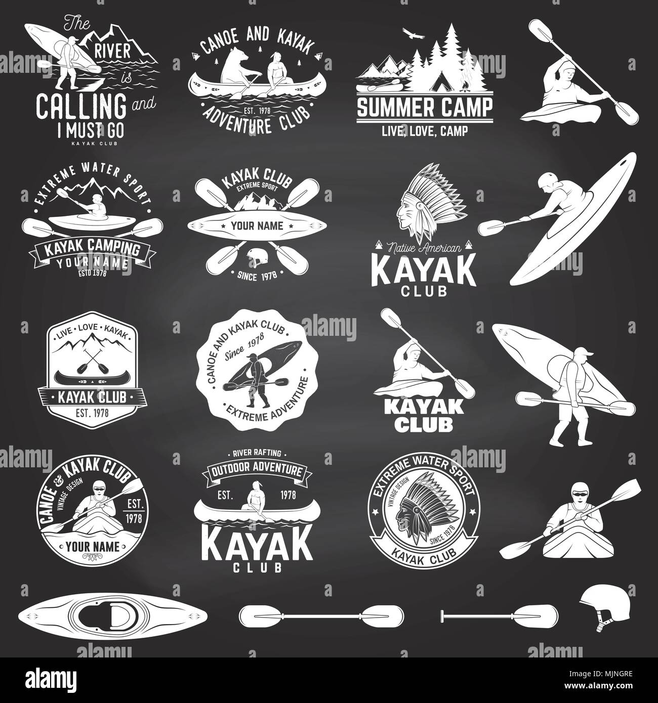Set di canoa e kayak club badge e elemento di design sulla lavagna. Vettore. Concetto di t-shirt, stampare il timbro o il raccordo a t. Design vintage con la montagna, Illustrazione Vettoriale