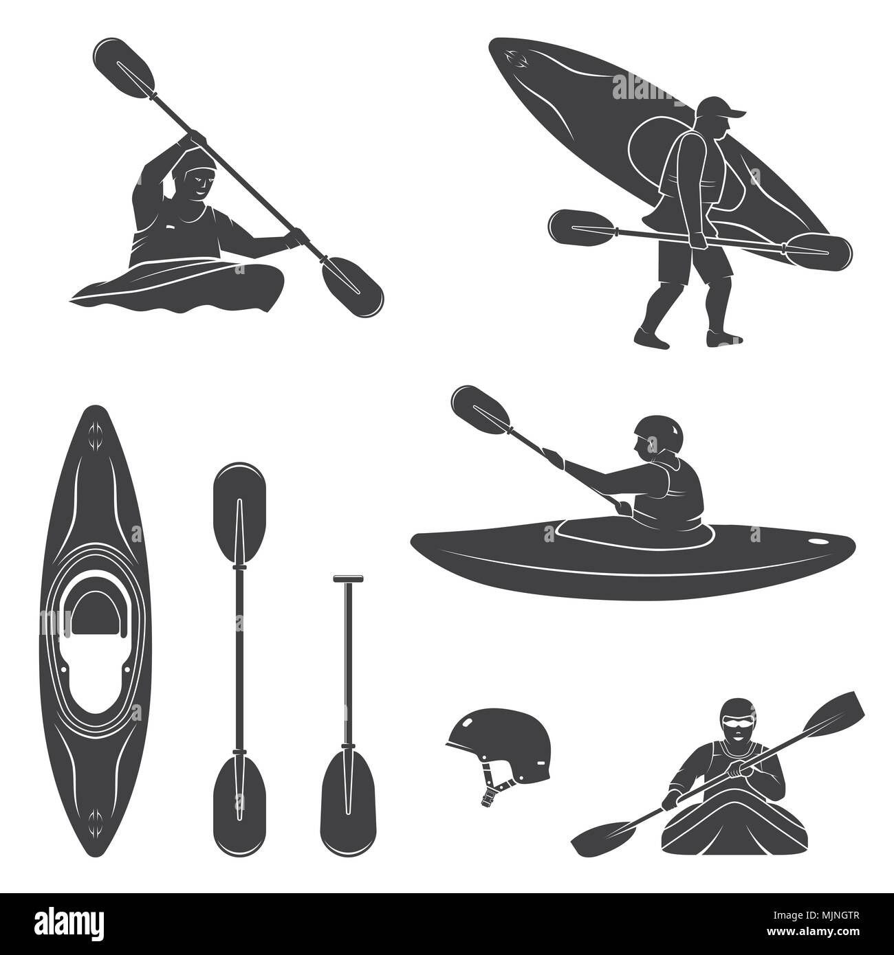 Set di extrema equipaggiamento per sport acquatici, kayaker e canoa silhouette. Illustrazione Vettoriale. Collezione includono kayak, pagaie, casco e kayaker silho Illustrazione Vettoriale