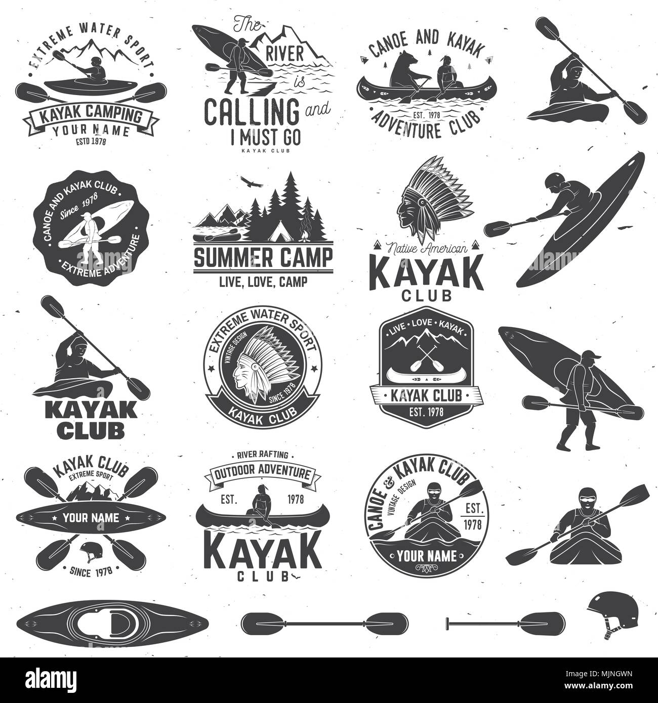 Set di canoa e kayak club badge e elemento di design. Vettore. Concetto di t-shirt, stampare il timbro o il raccordo a t. Vintage design tipografia con la montagna, il fiume, Illustrazione Vettoriale