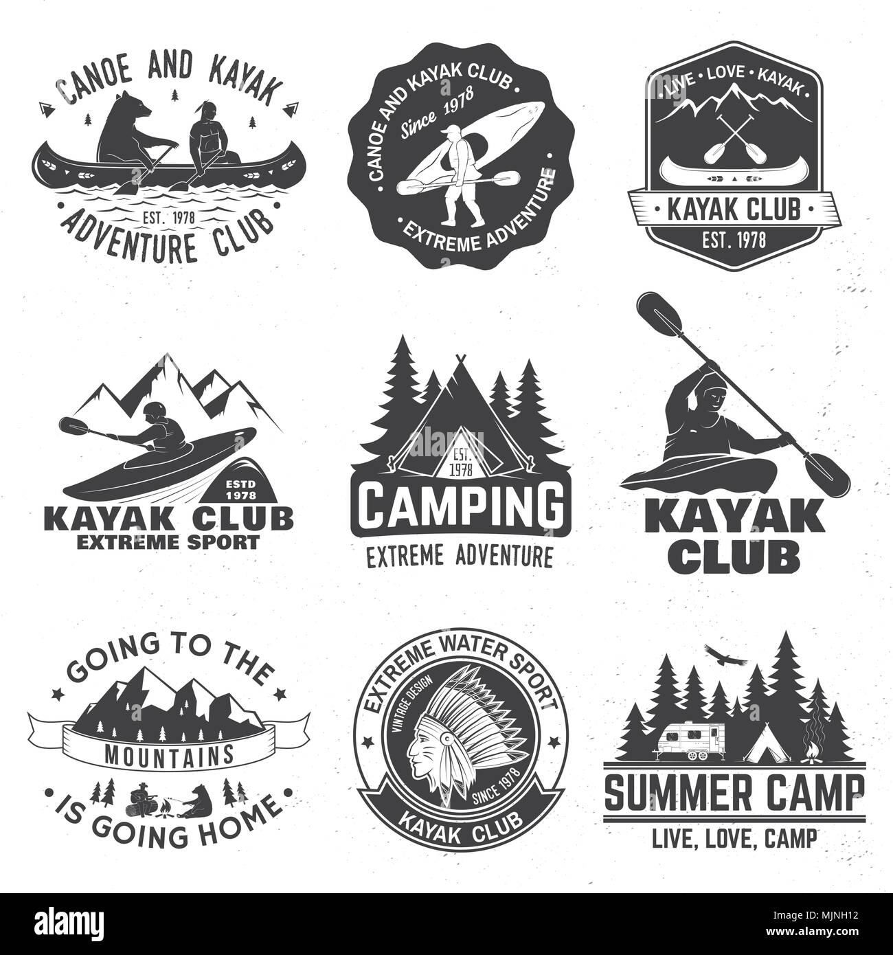 Set di canoa e kayak club badge. Vettore. Concetto di t-shirt, stampare il timbro o il raccordo a t. Vintage design tipografia con la montagna, sul fiume American Indian un Illustrazione Vettoriale